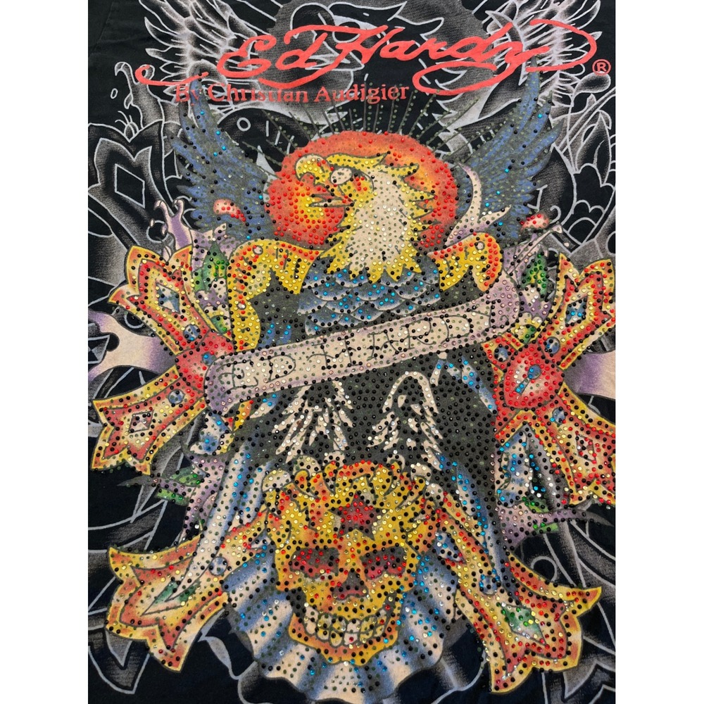 Ed Hardy Christian Audigier Rhinestone‎ Eagle Skull T-Shirt Mens XXL Black USA
